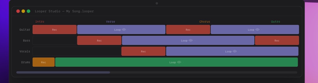Looper Studio arrangement view with guitar, bass, vocals and drums tracks of record and loop regions