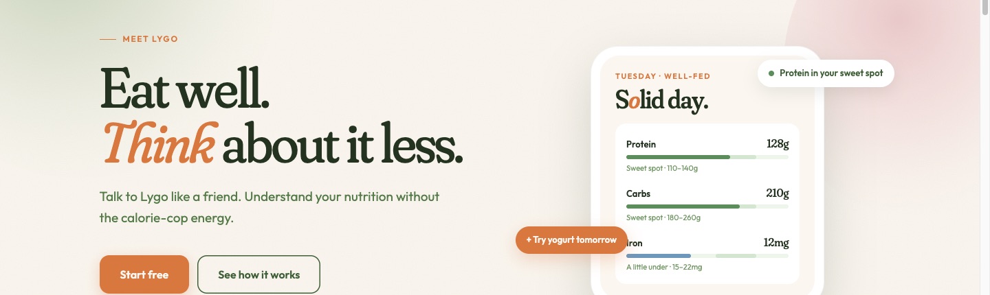 Lygo homepage: eat well, think about it less